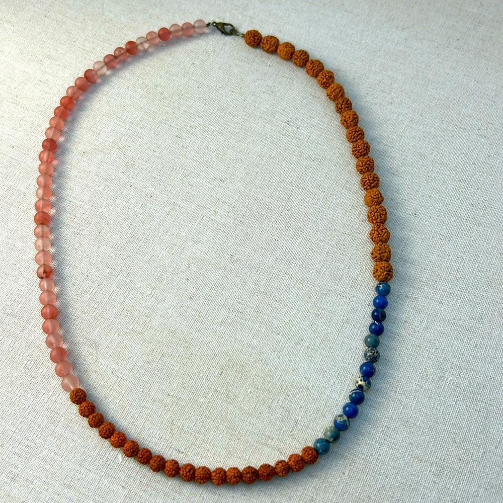 Rudraksha seeds and pink quartz, blue Jasper Necklace